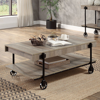 Industrial Style 1pc Coffee Table Open Bottom Shelf Replicate Wood Wheel Legs Slat Design Natural Tone And Black Finish