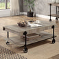 Industrial Style 1pc Coffee Table Open Bottom Shelf Replicate Wood Wheel Legs Slat Design Natural Tone And Black Finish