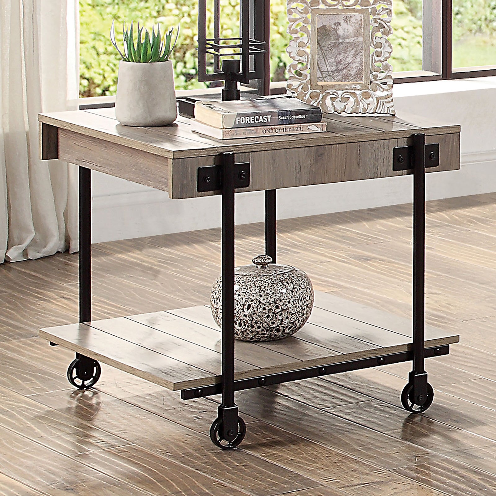 Industrial Style 1pc End Table Open Bottom Shelf Replicate Wood Wheel Legs Slat Design Natural Tone And Black Finish
