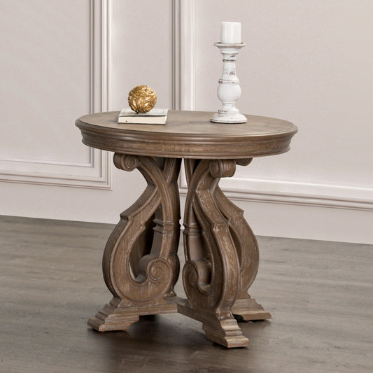 Traditional Style 1pc Round End Table Curved Scroll Legs Carved Design Solid Wood Structure Oak Finish