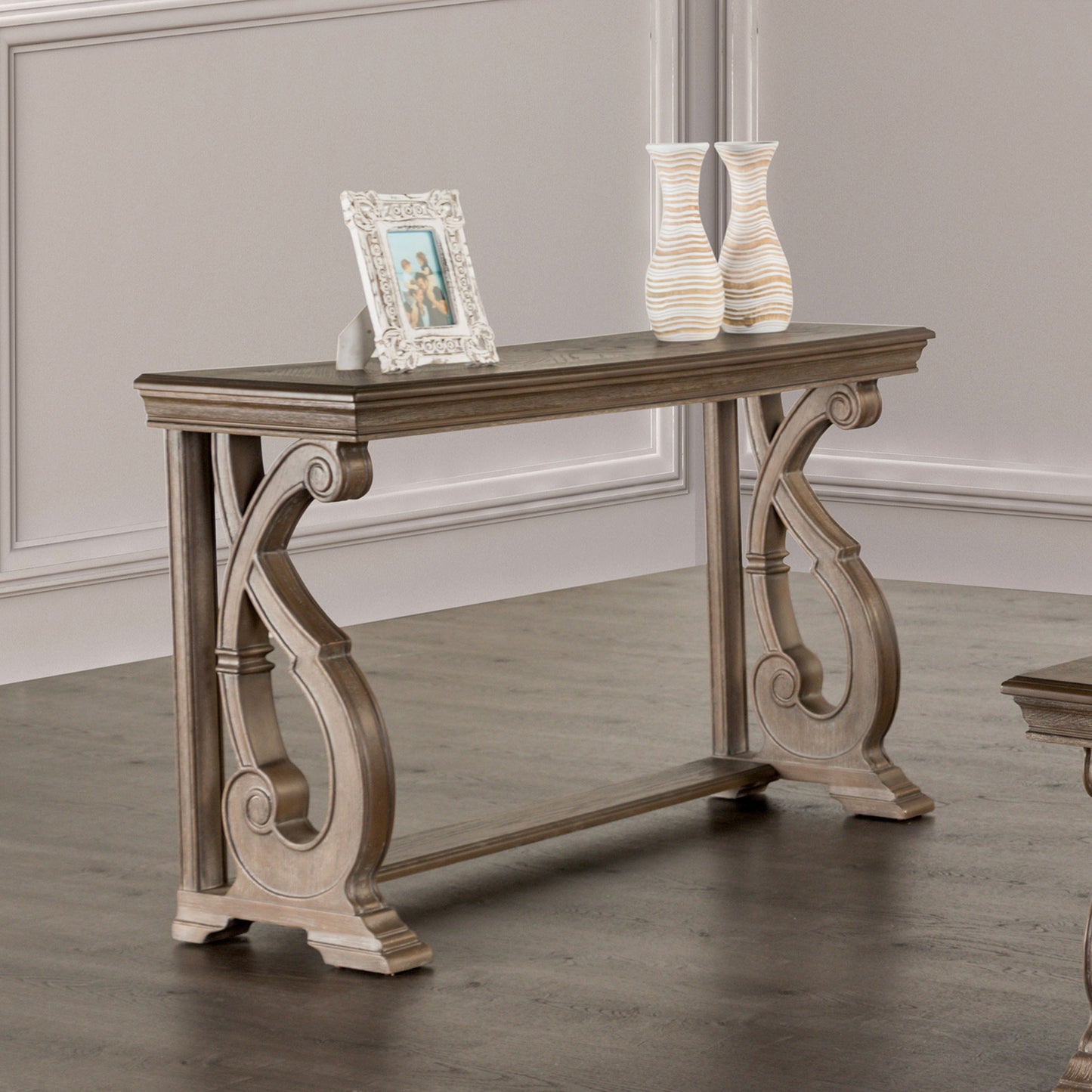 Traditional Style Sofa Table Solid Wood Structure Curved Scroll Legs With Carved Design Weather Oak Finish