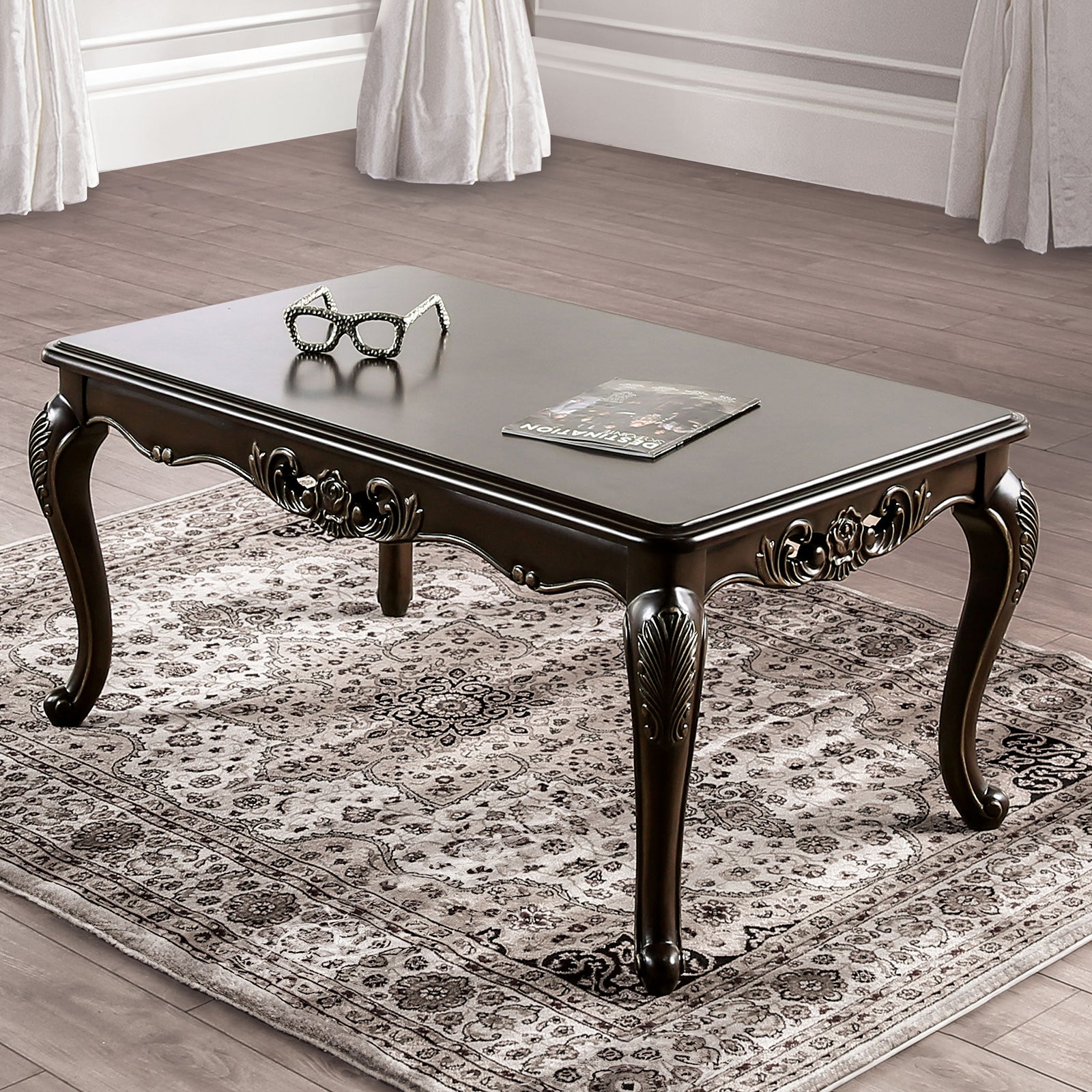 Coffee Table Traditional Style With Curved Legs Carved Design Solid Wood Structure Java Finish