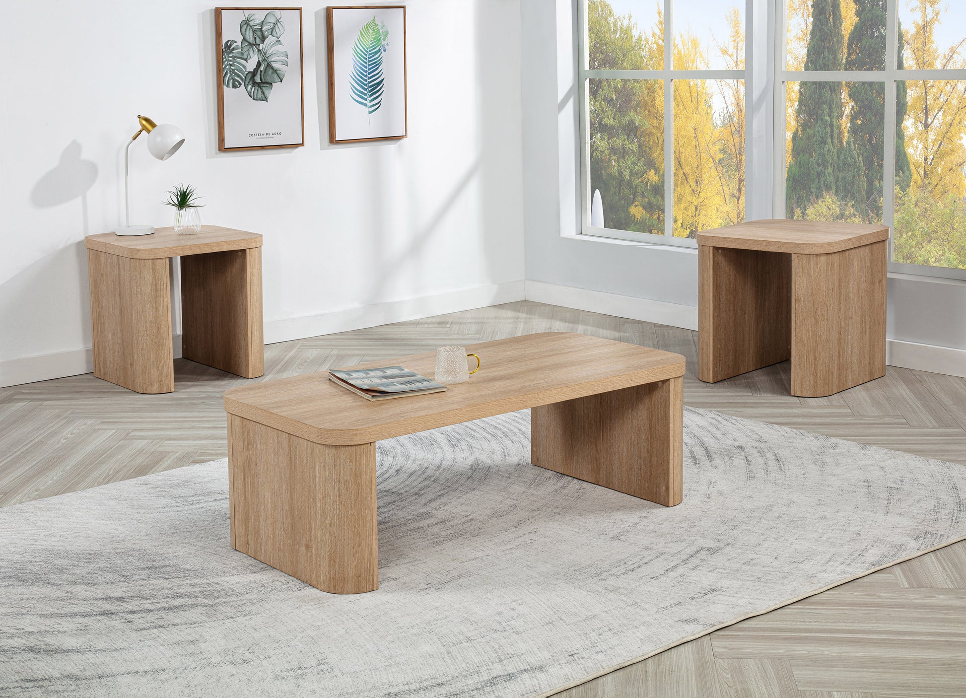 3pc Beautifully Crafted Three-piece Set Natural Charm Warm Wood-inspired Finish Curved Edges Coffee Table Features Hidden Casters Wooden Living Room Furniture