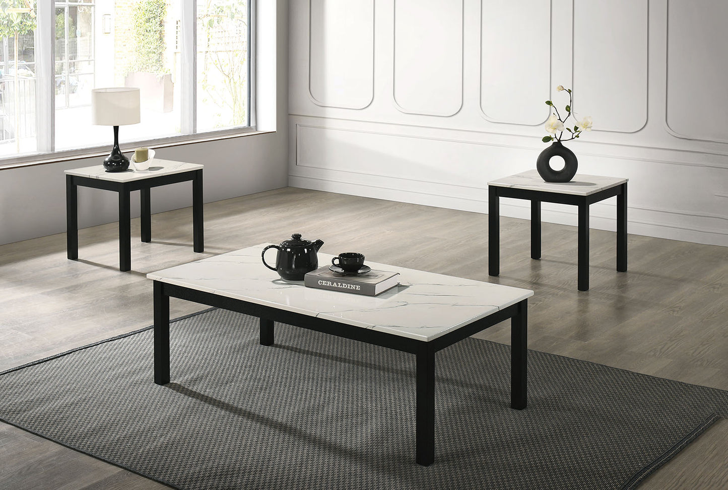 Contemporary White Finish 3pc Table Set 1x Coffee Table 2x End Table Faux Marble Top Wooden Legs Primary Living Room