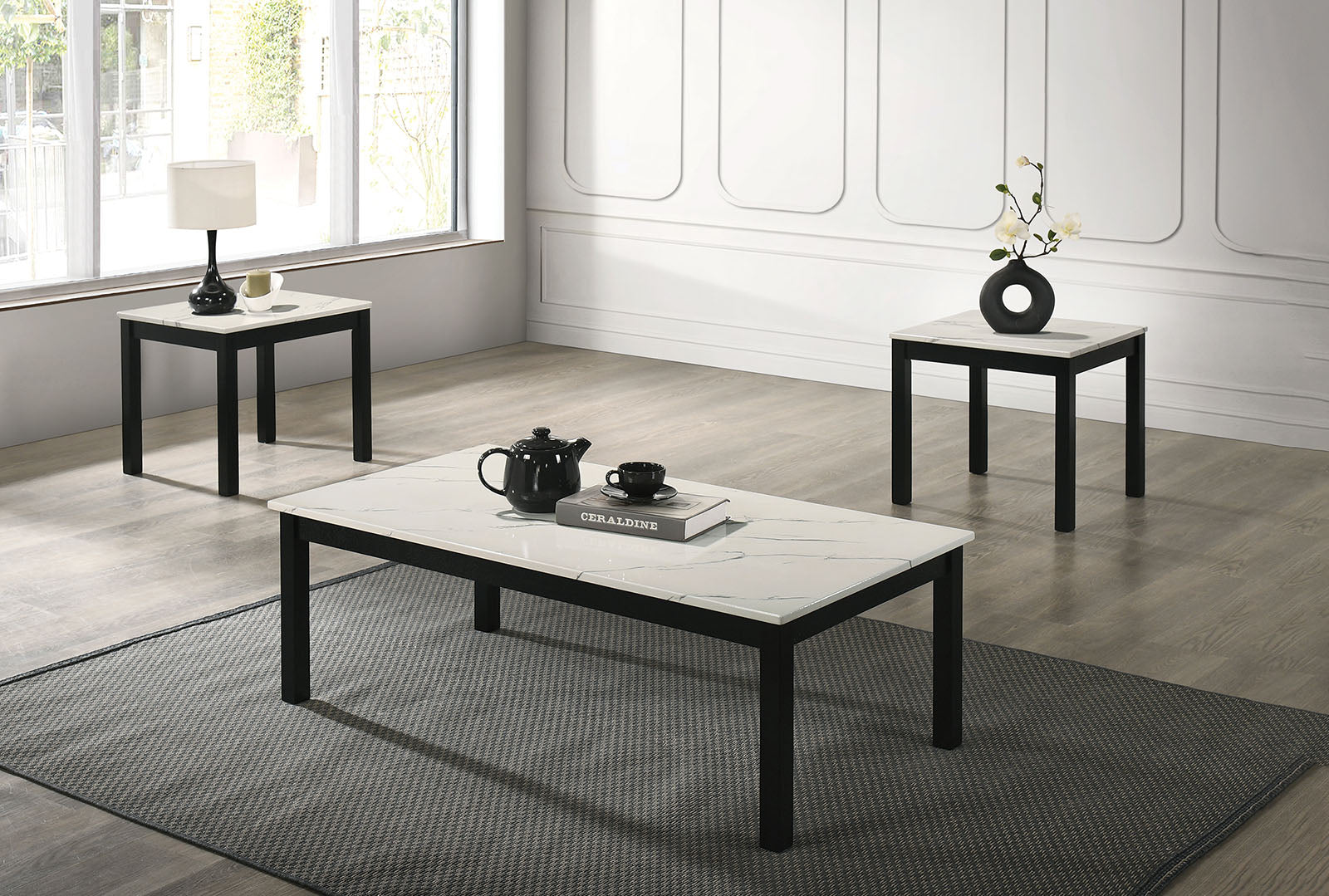 Contemporary White Finish 3pc Table Set 1x Coffee Table 2x End Table Faux Marble Top Wooden Legs Primary Living Room