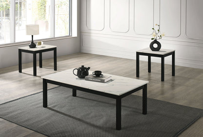 Contemporary White Finish 3pc Table Set 1x Coffee Table 2x End Table Faux Marble Top Wooden Legs Primary Living Room