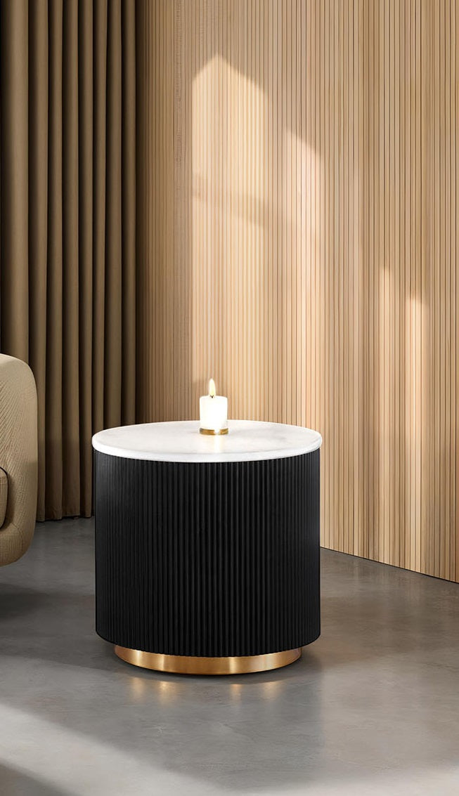 Contemporary Style 1pc Round End Table Marble Top Gold Accent Plinth Base Black White And Gold Finish Primary Living Room