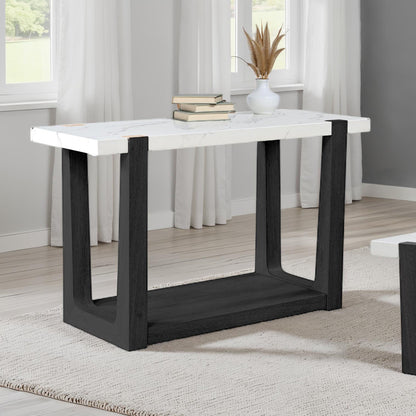 1pc Sofa Table Faux Marble Top Two Tone Design Contemporary Black And White Finish Primary Living Room