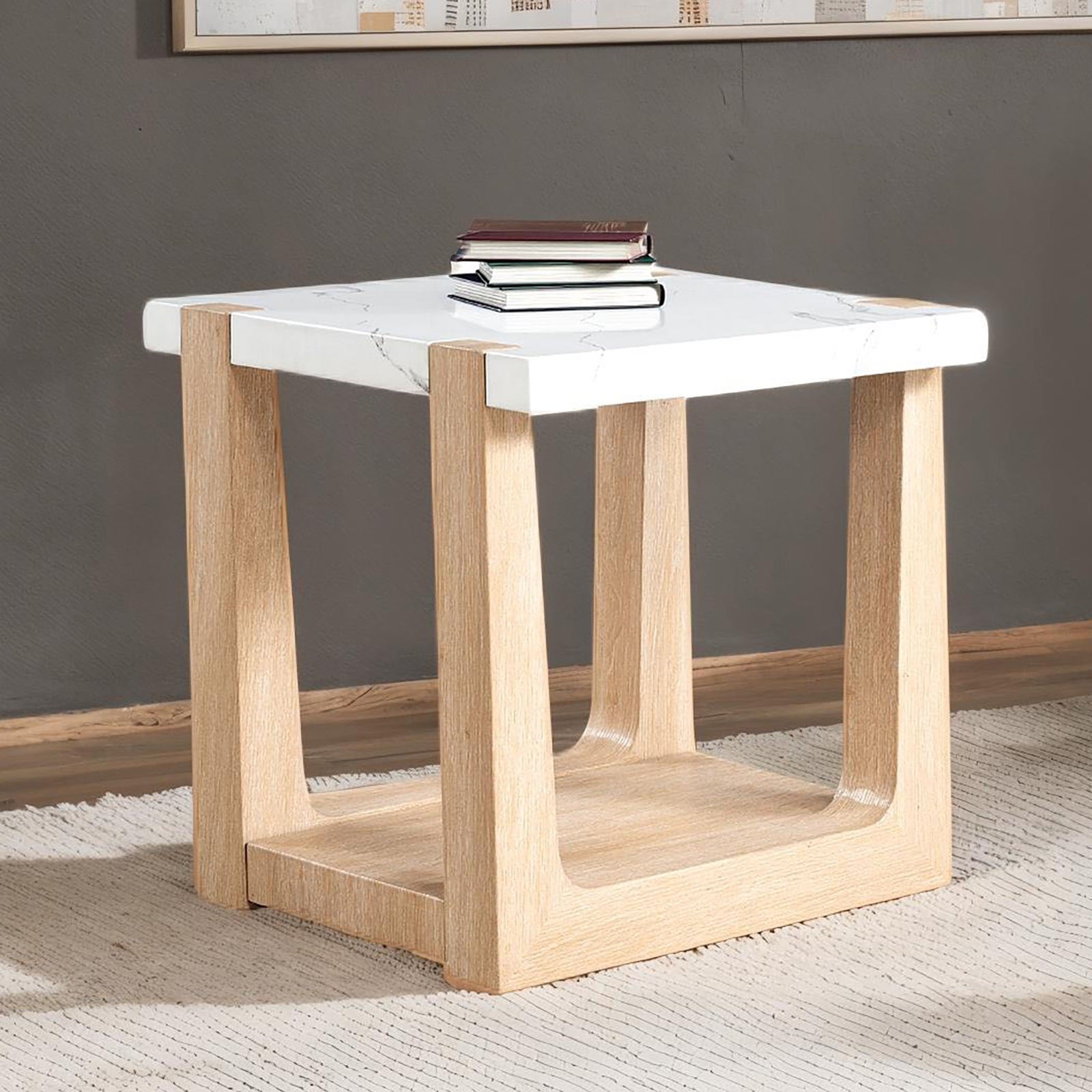 1pc End Table Faux Marble Top Two Tone Design Natural And White Finish Primary Living Room