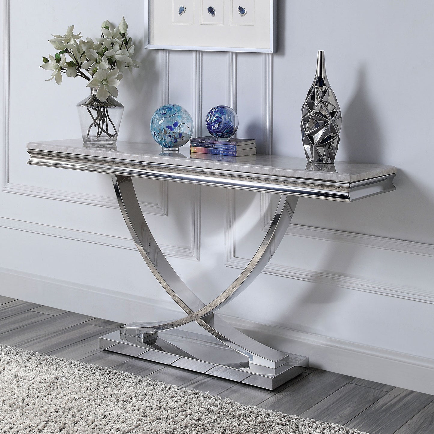 Glam Style Modern Sofa Table 1pc Stainless Steel Pedestal Base 18mm Faux Marble On Top Metal Structure Chroma Finish Coffee Table-Not Included