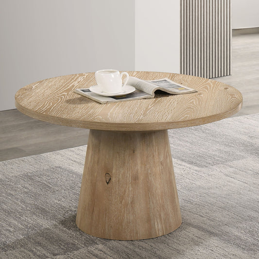 Contemporary Style Round Coffee Table With Cone Shape Pedestal Base Rubberwood Structure Oak Finish