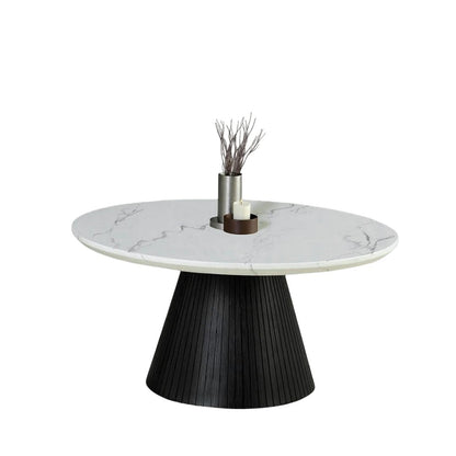 Contemporary Style Round Cocktail Table Faux Marble Top Reeded Drum Base Black Finish Primary Living Room