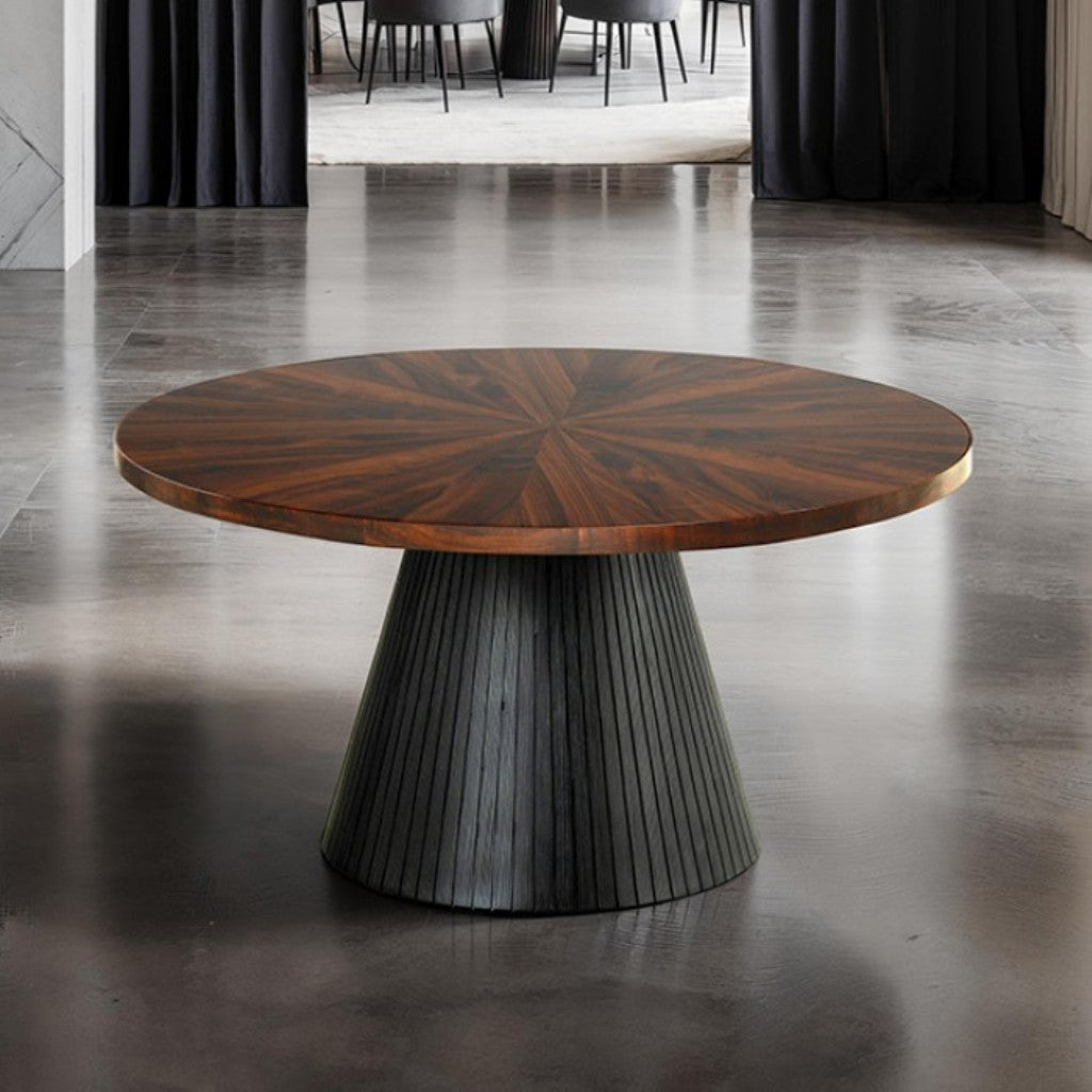 Contemporary Style 1pc Round Coffee Table Parquet Pattern Top Drum Base Black Finish