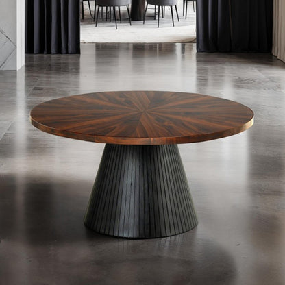 Contemporary Style 1pc Round Coffee Table Parquet Pattern Top Drum Base Black Finish