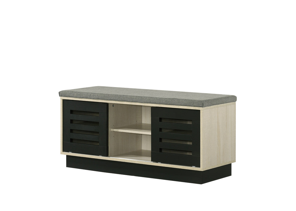 38.5" Oak Storage Bench with Gray Upholstered Top