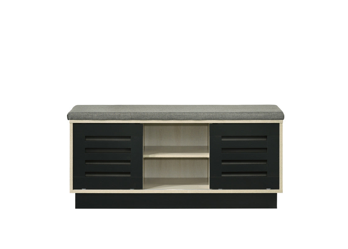 38.5" Oak Storage Bench with Gray Upholstered Top