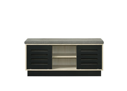 38.5" Oak Storage Bench with Gray Upholstered Top