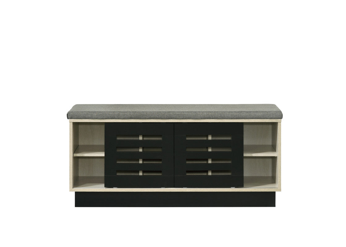 38.5" Oak Storage Bench with Gray Upholstered Top