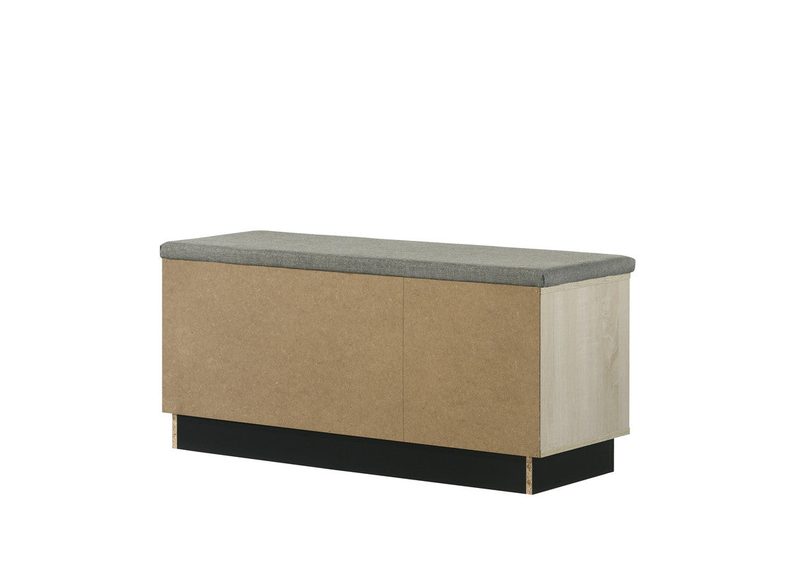 38.5" Oak Storage Bench with Gray Upholstered Top