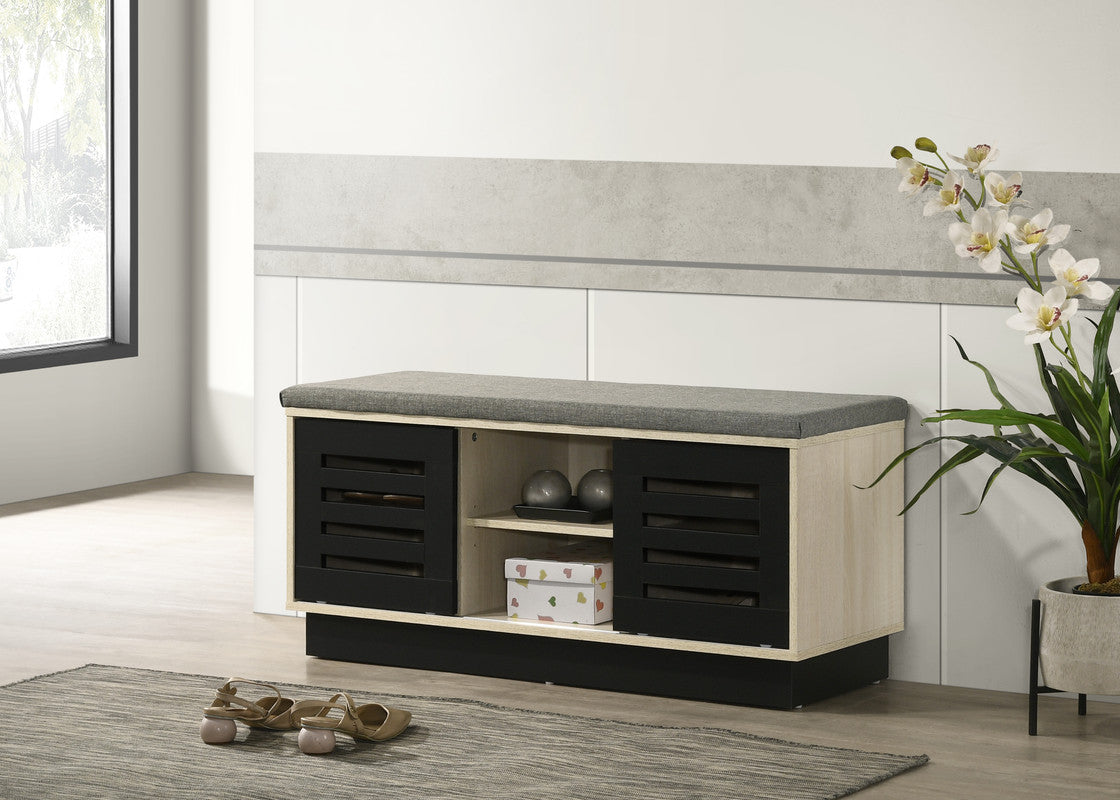 Brio 38.5"W Oak Finish Shoe Cabinet with Sliding Doors, Upholstered Top