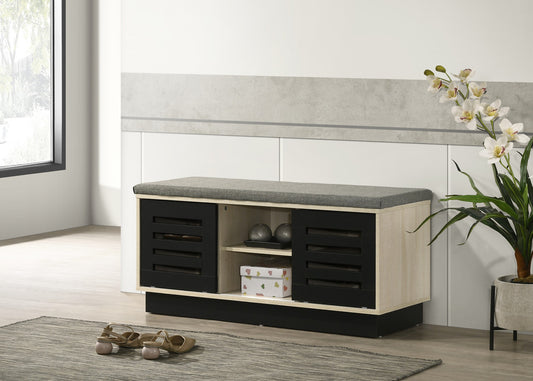 Brio 38.5"W Oak Finish Shoe Cabinet with Sliding Doors, Upholstered Top