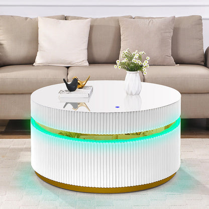 White Wood Glass Coffee Table with LED Lights