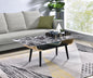 Lorenzo 47"W Coffee Table with Glass Black Marble Texture Top and Bent Wood Design