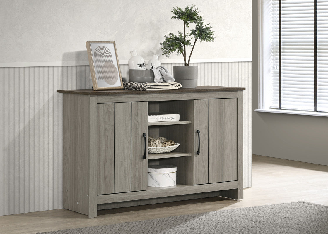 Nilda 47"W Gray Oak Console Table, Buffet Table, Sideboard with Shelves and Cabinet Doors