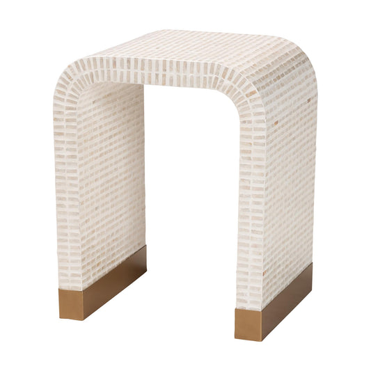 Coastal Beige and White Mother of Pearl Capiz Shell End Table