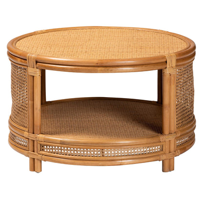 Honey Rattan Round Coffee Table with Shelf for Living Room
