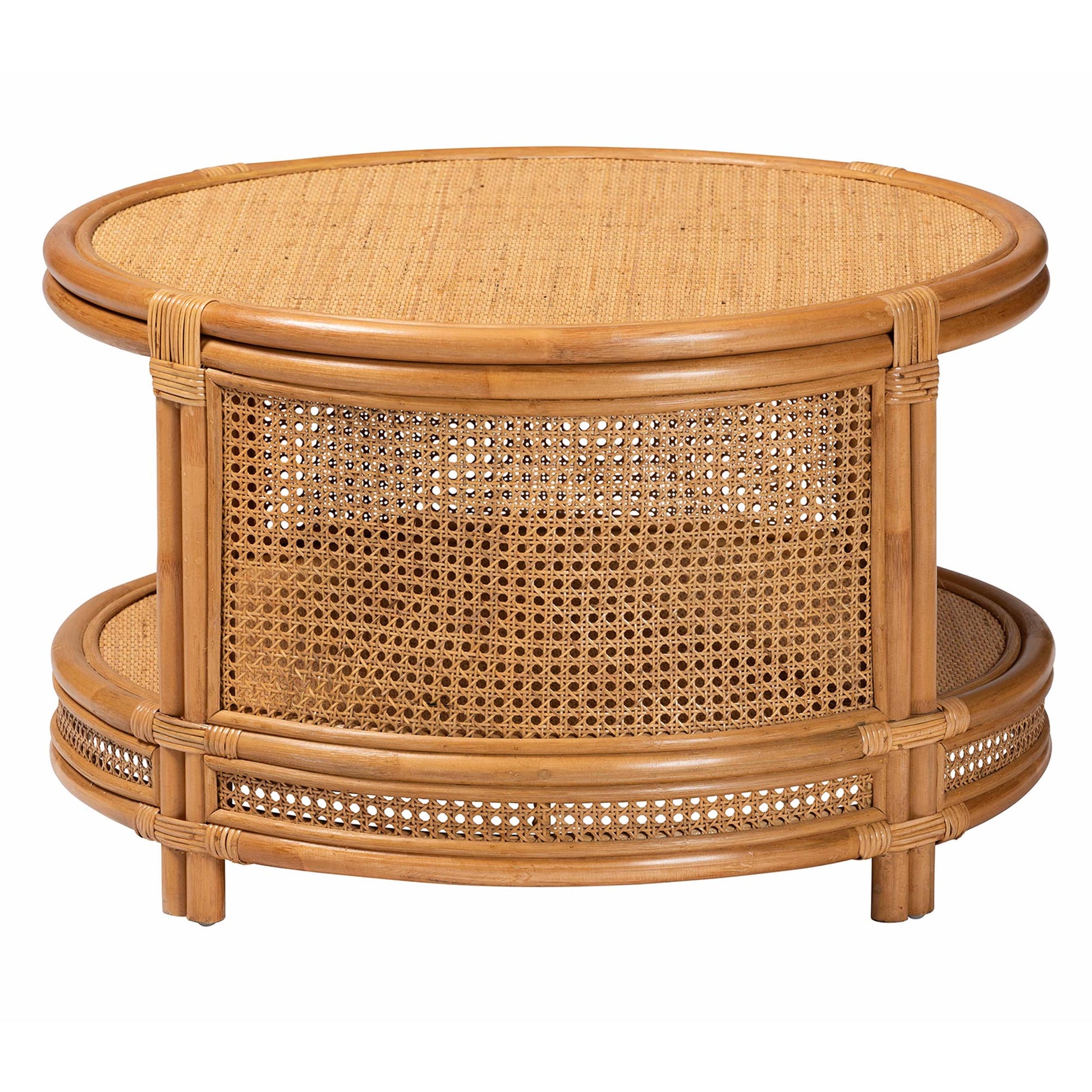 Honey Rattan Round Coffee Table with Shelf for Living Room