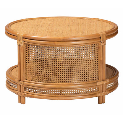 Honey Rattan Round Coffee Table with Shelf for Living Room