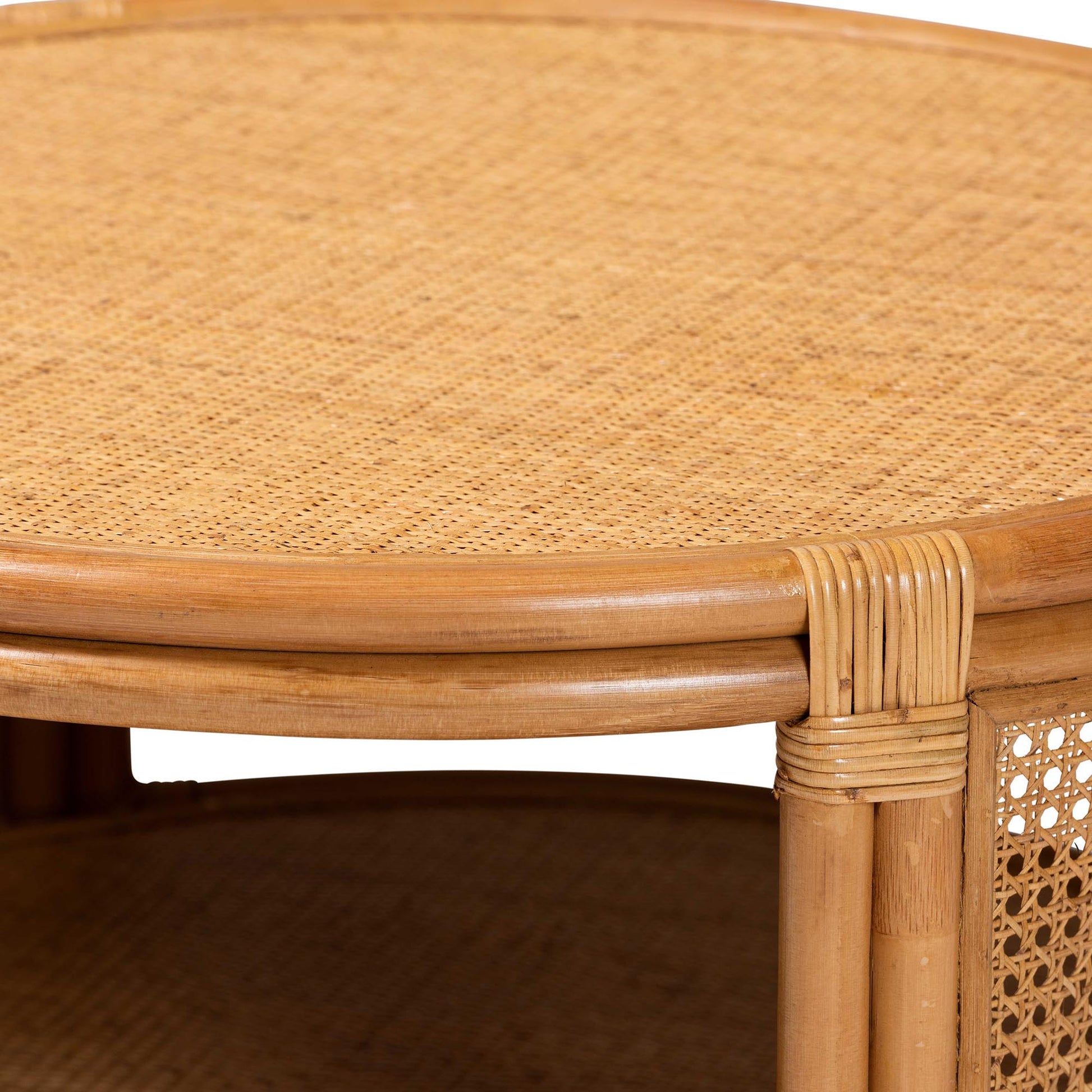 Honey Rattan Round Coffee Table with Shelf for Living Room