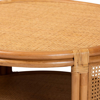 Honey Rattan Round Coffee Table with Shelf for Living Room