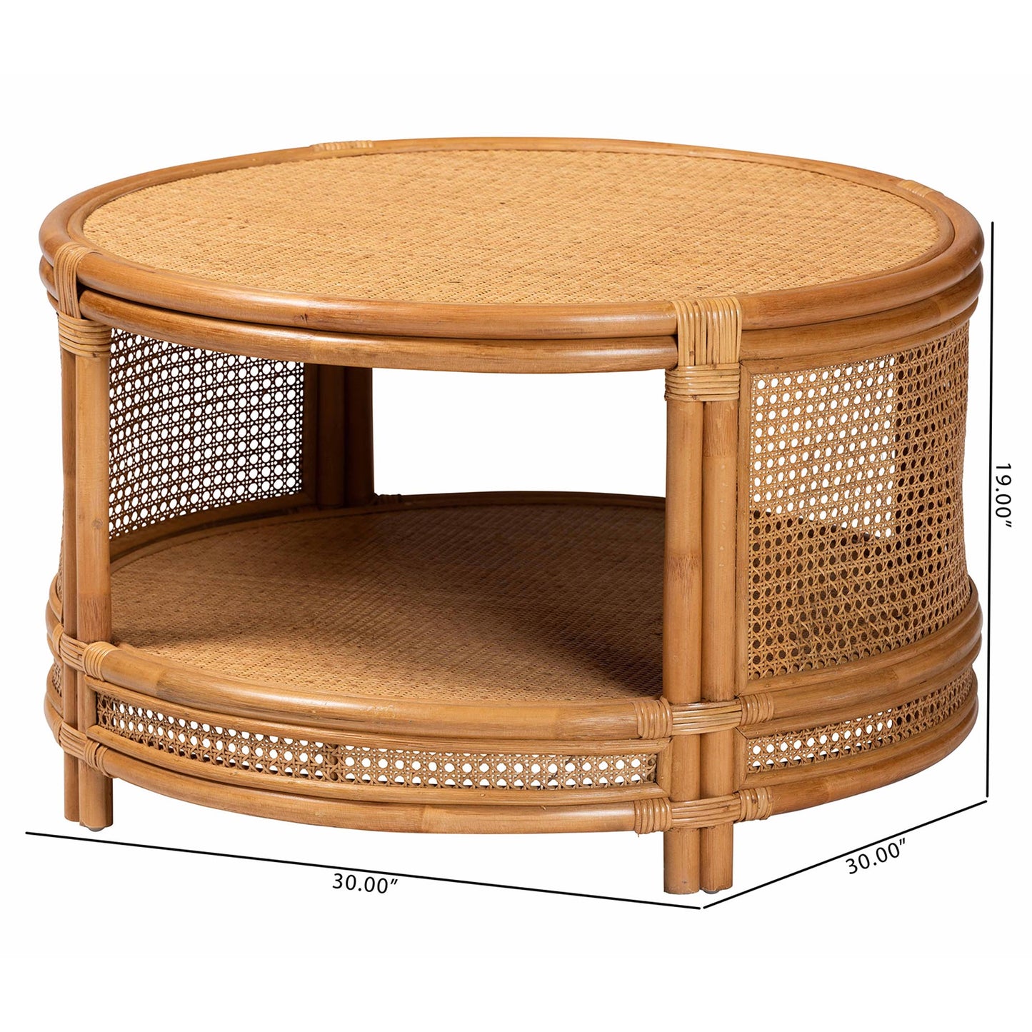 Honey Rattan Round Coffee Table with Shelf for Living Room