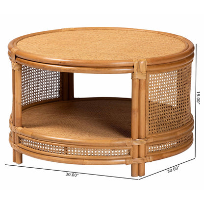 Honey Rattan Round Coffee Table with Shelf for Living Room