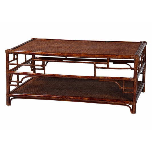 Tortoise Natural Rattan Coffee Table with Open Shelf - Vintage Style Center Table for Living Room, Sunroom, or Coastal Living Space