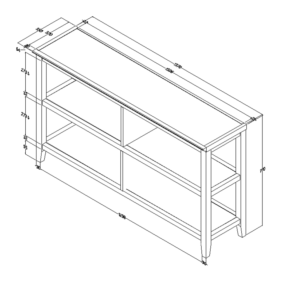 Low White Wood Bookshelf - 2 Shelves, 54" Wide