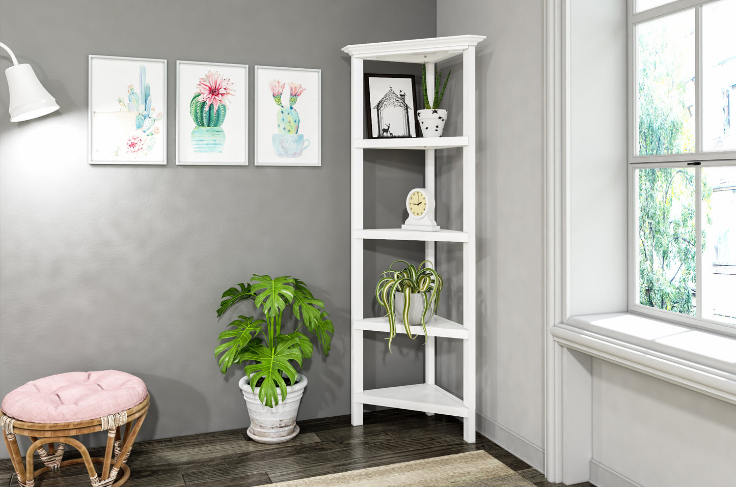 4-Shelf White Wood Corner Bookcase - Display Storage