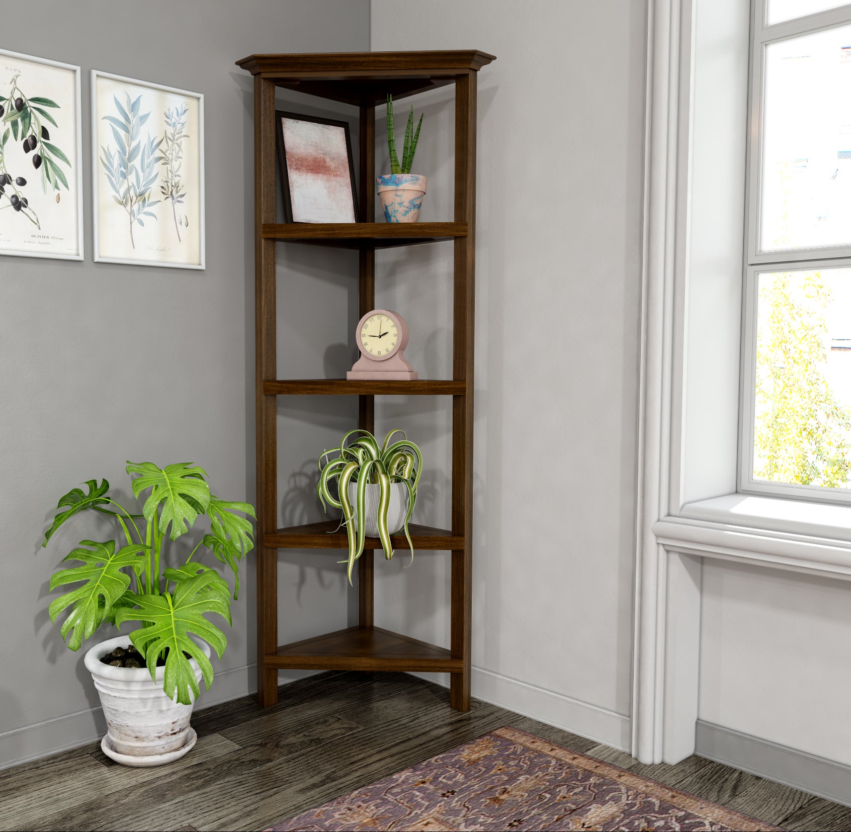 4-Shelf Tall Wood Corner Bookcase with Open Bookshelves, Walnut, 1PC