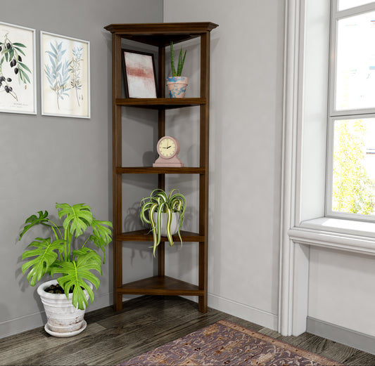 4-Shelf Tall Wood Corner Bookcase with Open Bookshelves, Walnut, 1PC