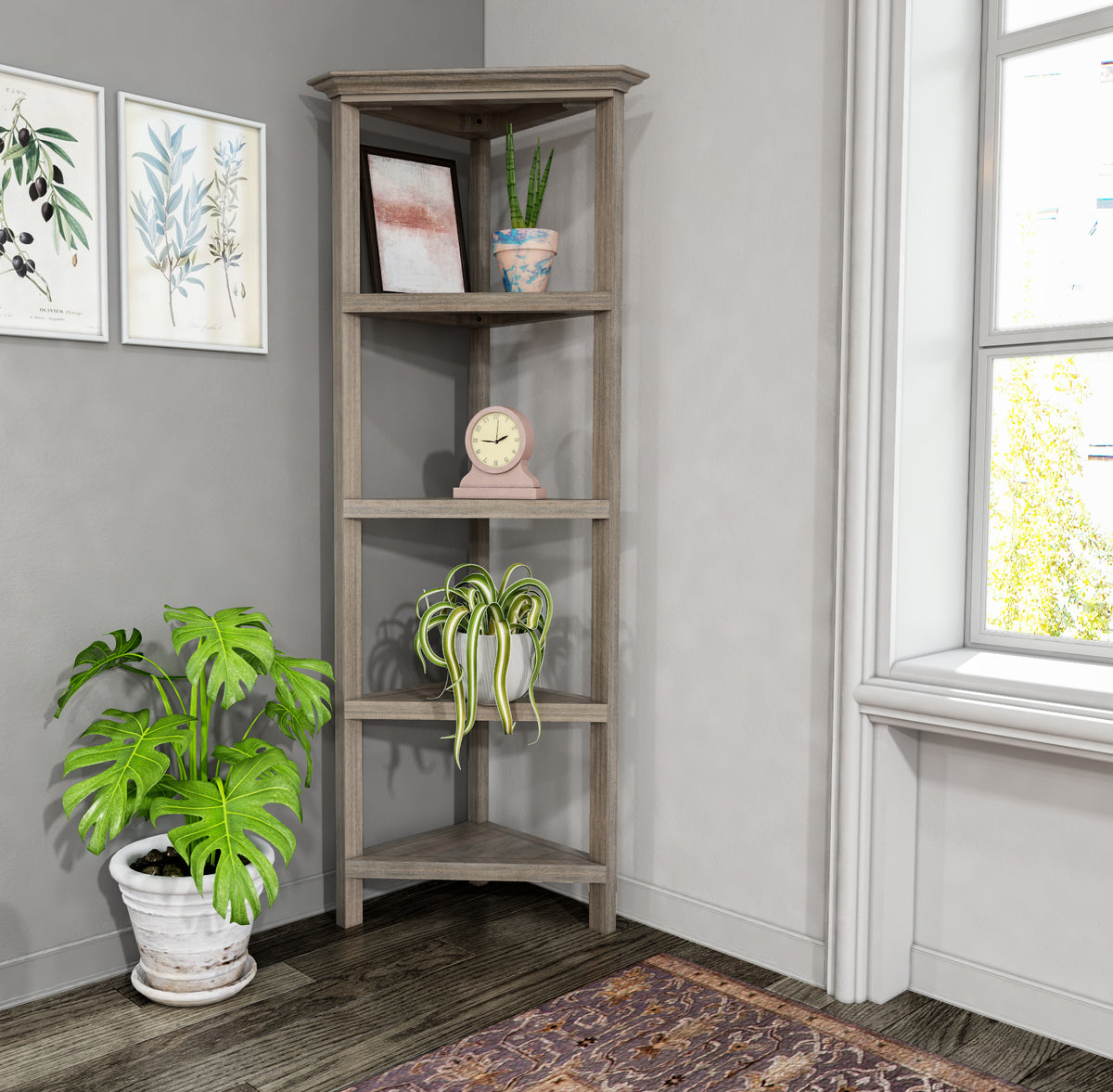 4-Shelf Gray Wash Tall Bookcase - Corner Shelves, Storage Display