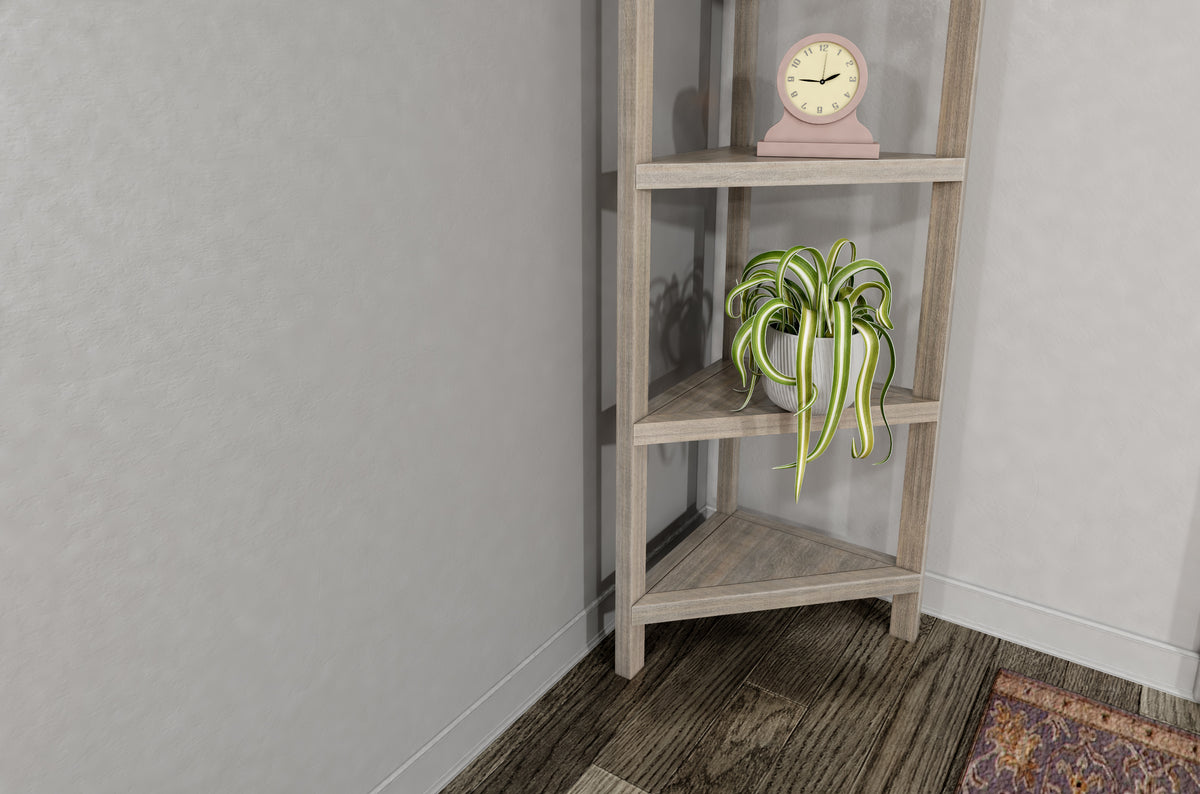 4-Shelf Gray Wash Tall Bookcase - Corner Shelves, Storage Display