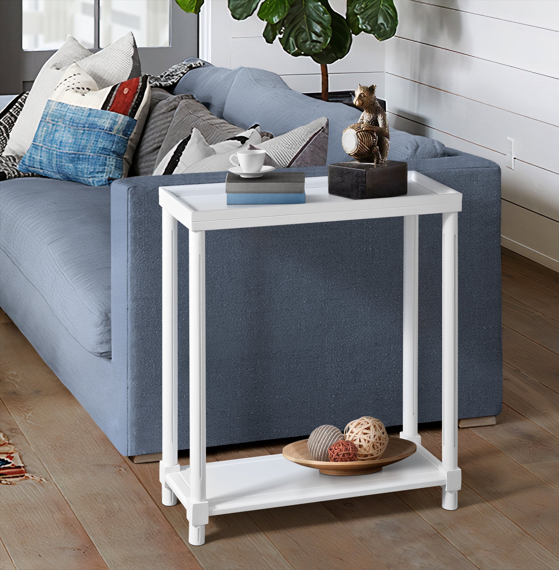 Narrow Side End Tables with Shelf, Set of 2, White