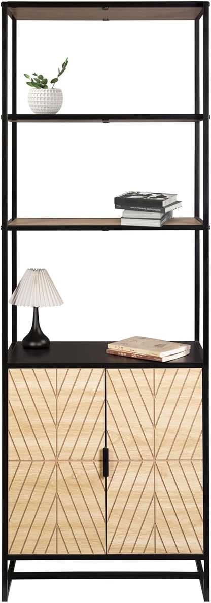 Bali Coastal Modern 6-Tier Book Shelf with Storage, Black with Natural Wood
