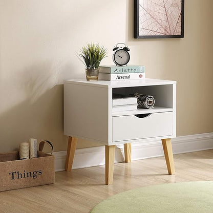 White Wood Nightstand with Storage Drawer for Bedroom Decor for Living Room