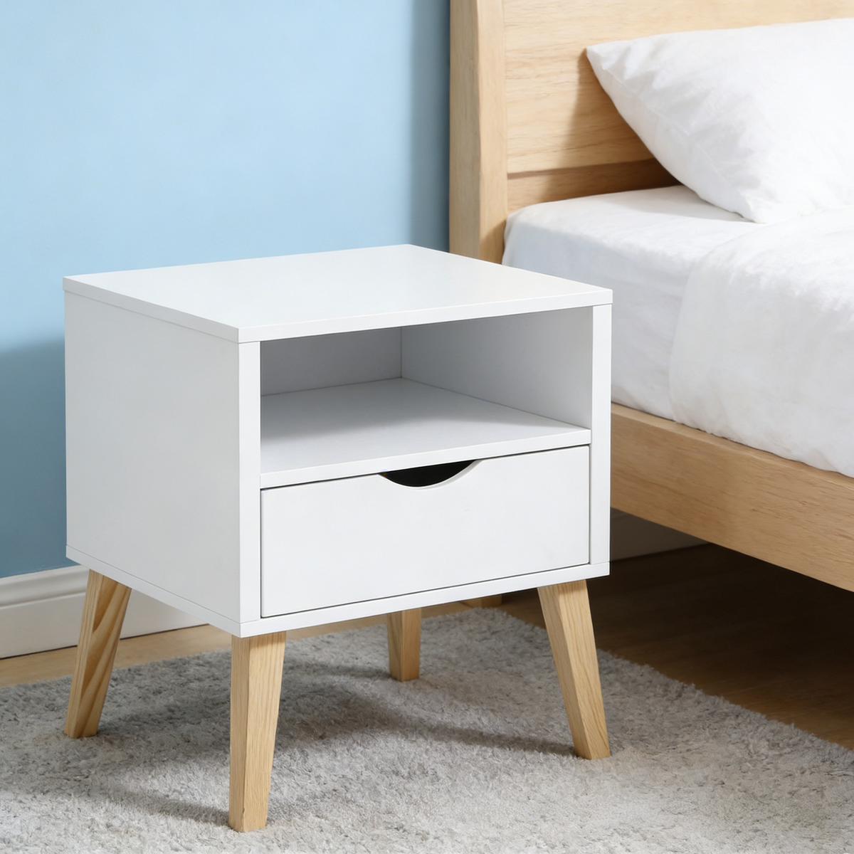 White Wood Nightstand with Storage Drawer for Bedroom Decor for Living Room
