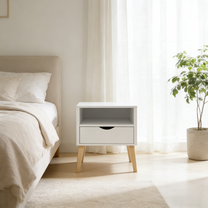 White Wood Nightstand with Storage Drawer for Bedroom Decor for Living Room