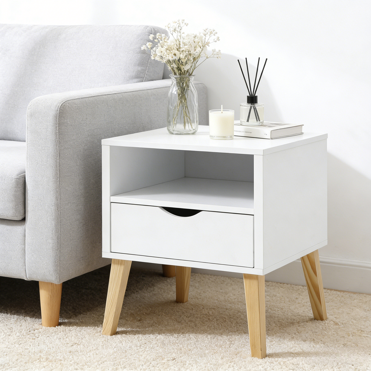White Wood Nightstand with Storage Drawer for Bedroom Decor for Living Room