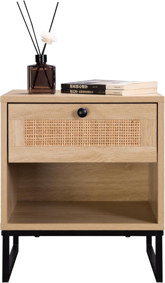 Birch Coastal Modern Side Table with Drawer Natural Wood Top with Black Metal Legs